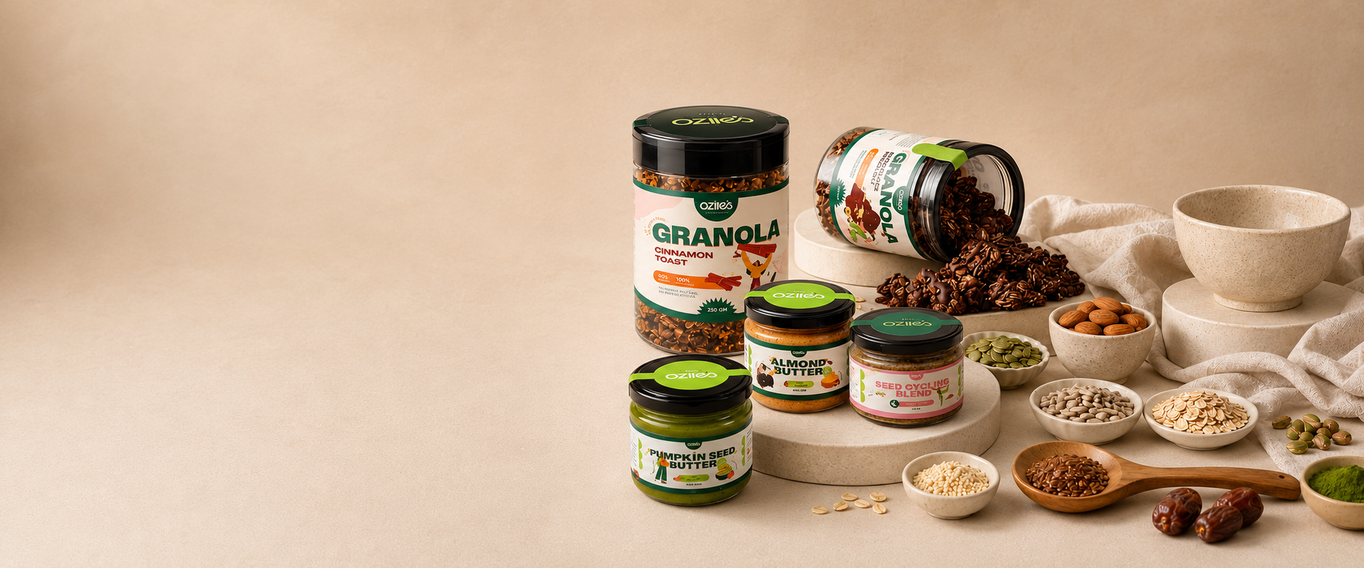 OZIIES product range — granola, nut butter and seed cycling blends
